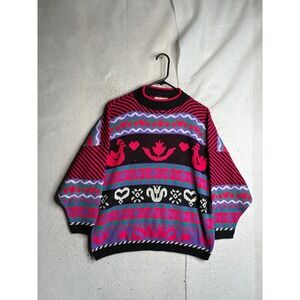 Vintage Custom Design Fair Isle Knit Sweater Hearts Swans Made in USA Retro 80s
